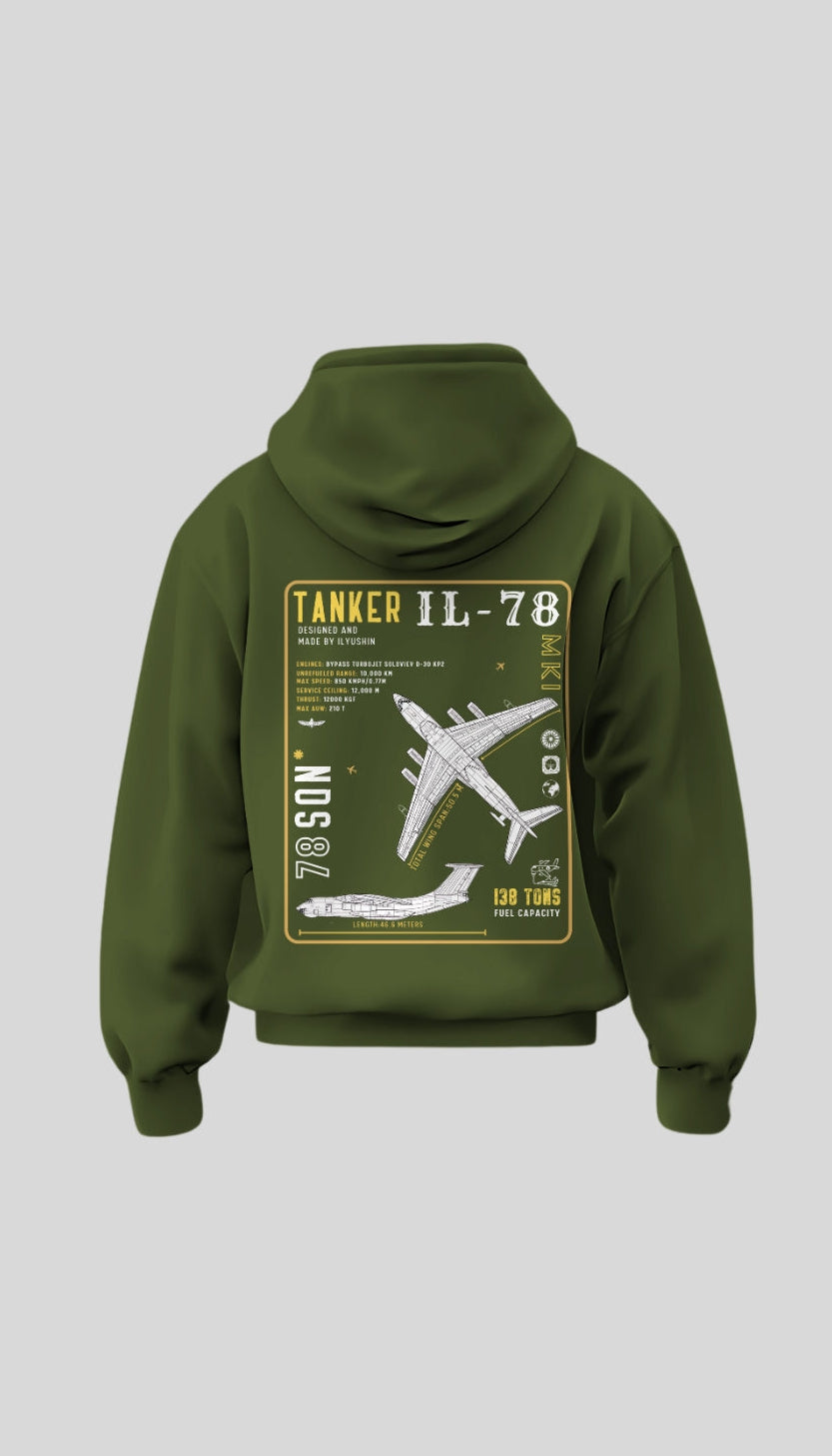 Green hoodie with airplane graphic and text on the back against a light gray background